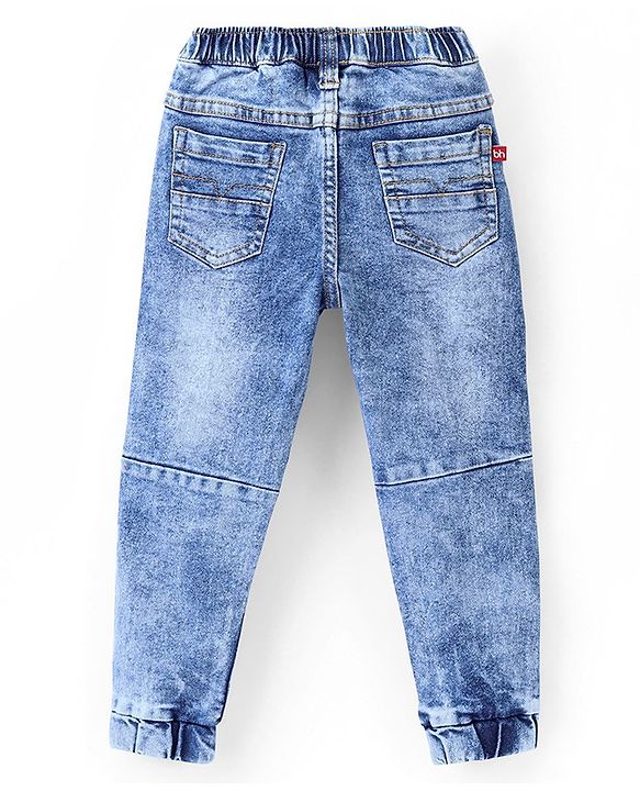 Babyhug Full Length Stretchable Washed Denim Joggers- Blue