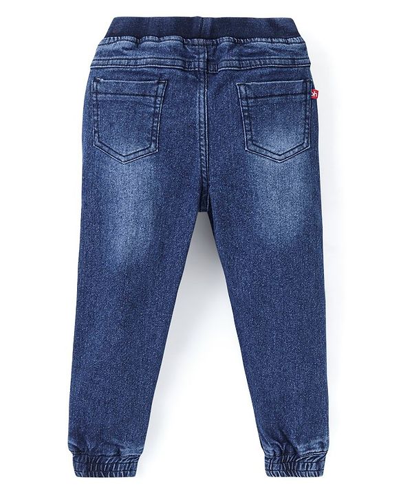 Babyhug Full Length Stretchable Washed Denim Joggers- Blue