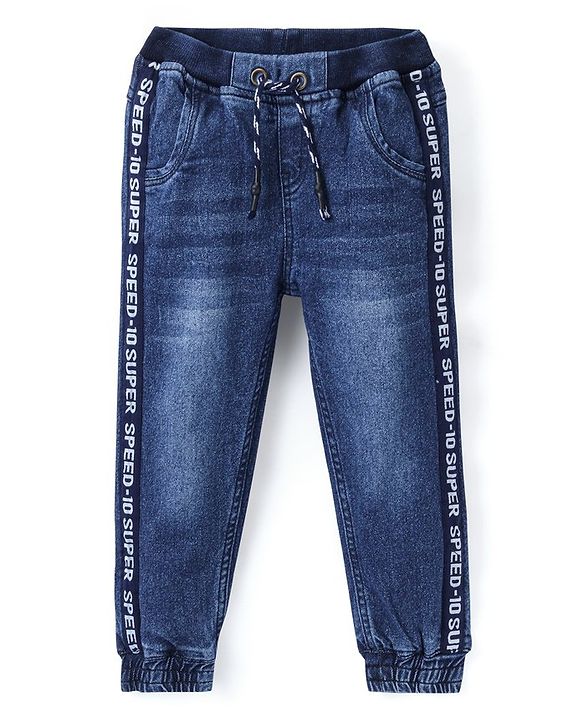 Babyhug Full Length Stretchable Washed Denim Joggers- Blue