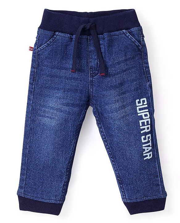 Babyhug Cotton Spandex Full Length Stretchable Washed Joggers with Text Print - Blue