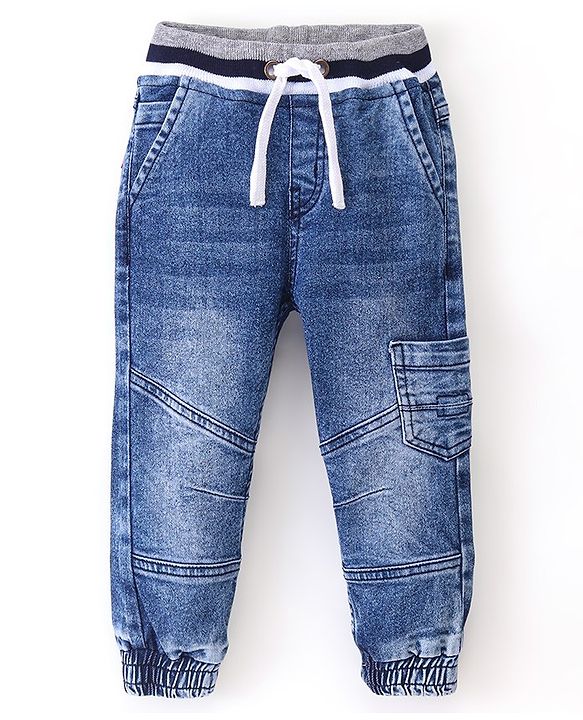 Babyhug Denim Full Length Washed Jogger With Stretch - Blue