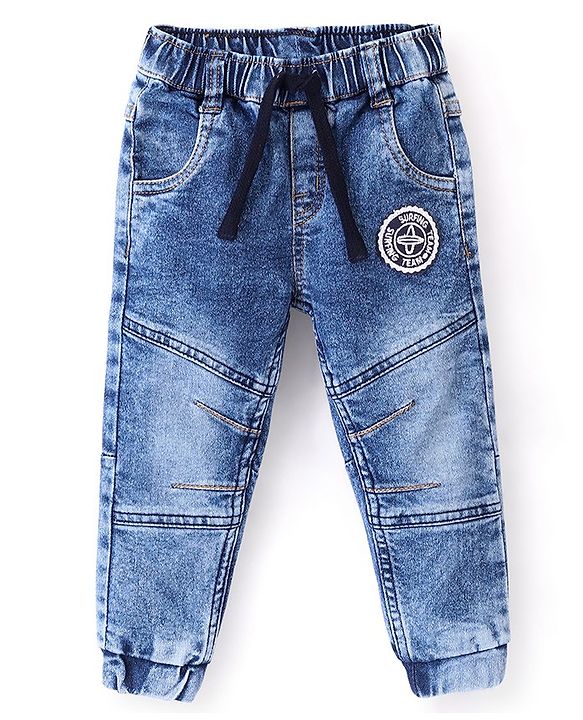Babyhug Cotton Spandex Full Length Stretchable Washed Joggers - Blue