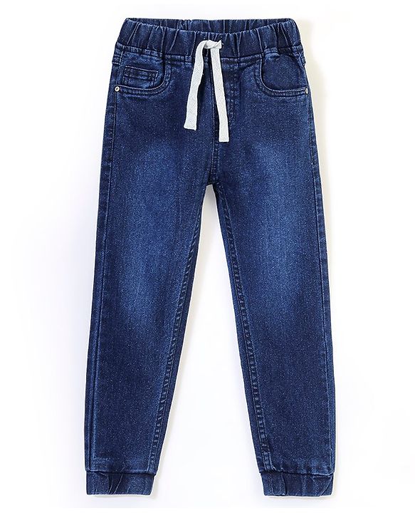 Babyhug Denim Full Length Washed Jogger With Stretch - Dark Blue
