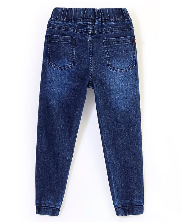Babyhug Denim Full Length Washed Jogger With Stretch - Dark Blue