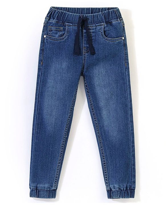 Babyhug Denim Full Length Washed Jogger With Stretch - Dark Blue