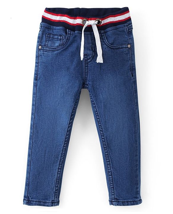 Babyhug Cotton Full Length Washed Denim Jogger with Stretch - Dark Blue