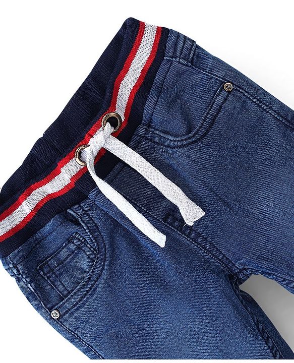 Babyhug Cotton Full Length Washed Denim Jogger with Stretch - Dark Blue