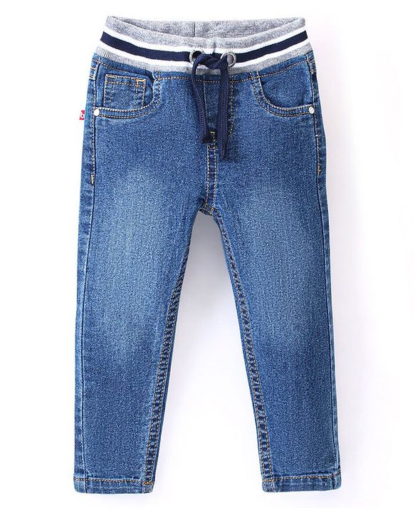 Babyhug Cotton Full Length Washed Denim Jogger with Stretch - Dark Blue