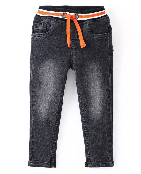 Babyhug Cotton Full Length Washed Denim Jogger with Stretch - Charcoal