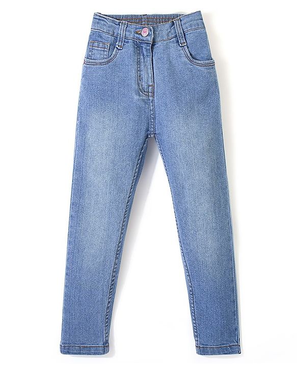 Babyhug Full Length Washed Denim Jeans With Stretch - Light Blue
