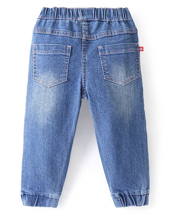 Babyhug Cotton Denim Washed Full Length Jogger with Stretch - Mid Blue