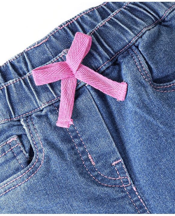 Babyhug Cotton Denim Washed Full Length Jogger with Stretch - Mid Blue