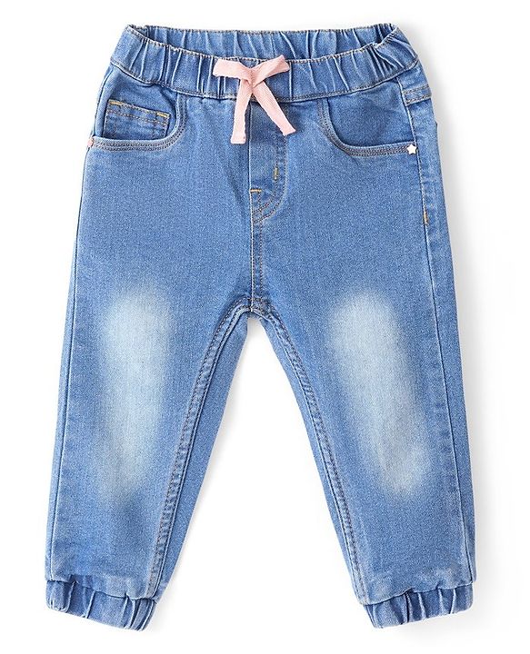 Babyhug Cotton Denim Washed Full Length Jogger with Stretch - Mid Blue