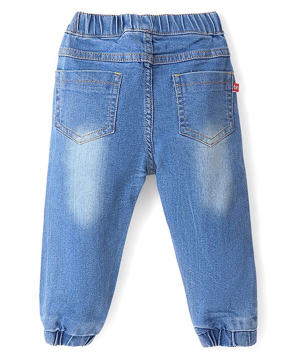 Babyhug Cotton Denim Washed Full Length Jogger with Stretch - Mid Blue