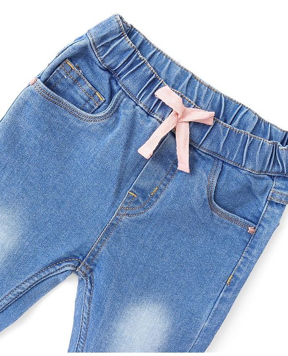 Babyhug Cotton Denim Washed Full Length Jogger with Stretch - Mid Blue