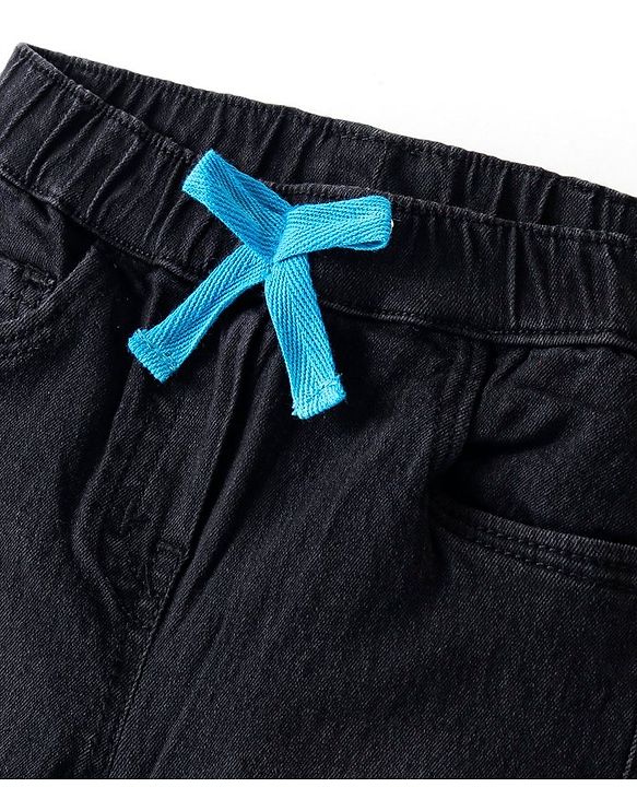 Babyhug Cotton Denim Washed Full Length Jogger with Stretch - Black