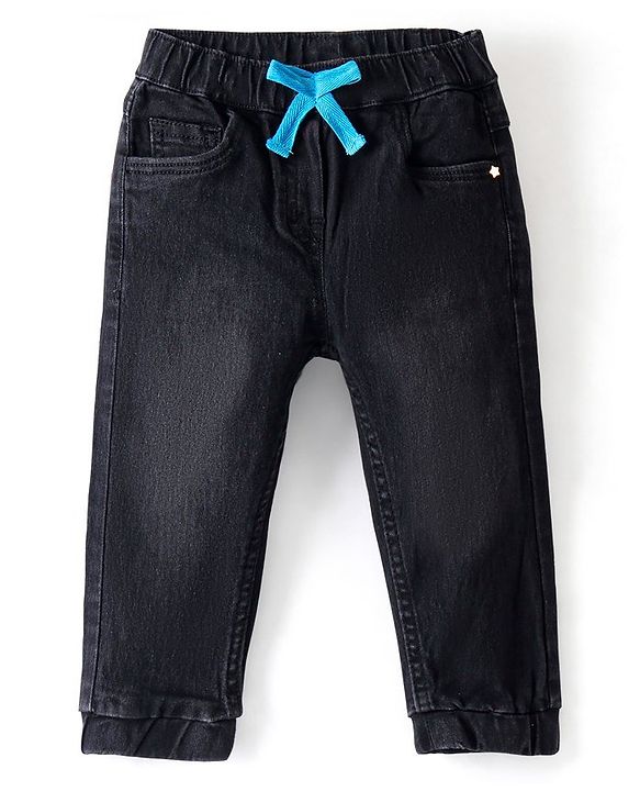 Babyhug Cotton Denim Washed Full Length Jogger with Stretch - Black