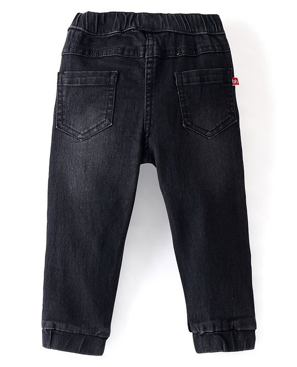 Babyhug Cotton Denim Washed Full Length Jogger with Stretch - Black