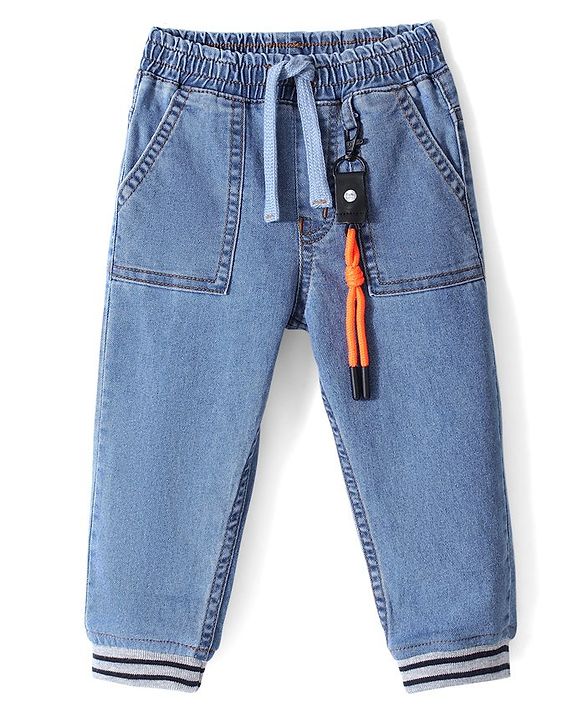 Babyhug Cotton Spandex Full Length Washed Stretchable Denim Joggers - Blue