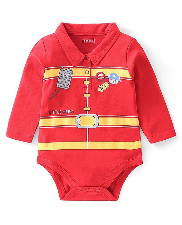 Babyhug 100 % Cotton Knit Full Sleeves Firefighter Theme Printed Onesie - Red