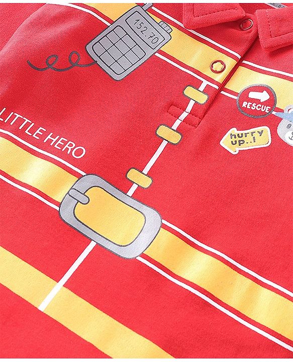 Babyhug 100 % Cotton Knit Full Sleeves Firefighter Theme Printed Onesie - Red