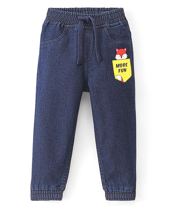 Babyhug Cotton Spandex Full Length Stretchable Joggers with Fox Print - Dark Blue