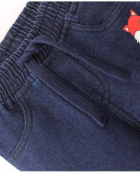 Babyhug Cotton Spandex Full Length Stretchable Joggers with Fox Print - Dark Blue