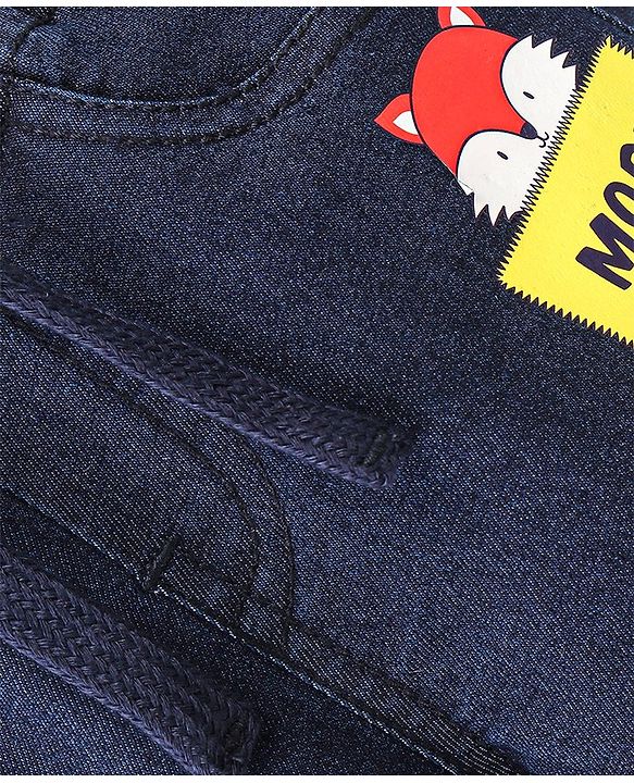 Babyhug Cotton Spandex Full Length Stretchable Joggers with Fox Print - Dark Blue