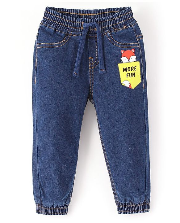 Babyhug Cotton Spandex Full Length Stretchable Joggers with Fox Print - Dark Blue