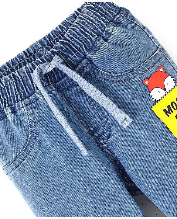Babyhug Cotton Spandex Full Length Stretchable Joggers with Fox Print - Dark Blue