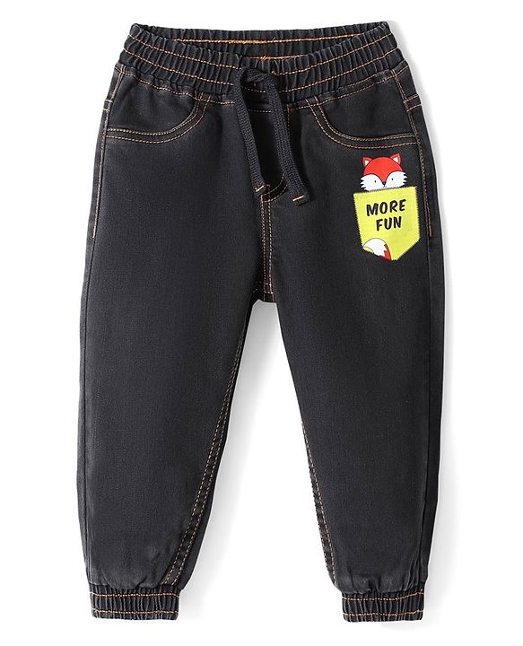 Babyhug Cotton Spandex Full Length Stretchable Joggers with Fox Print - Dark Blue