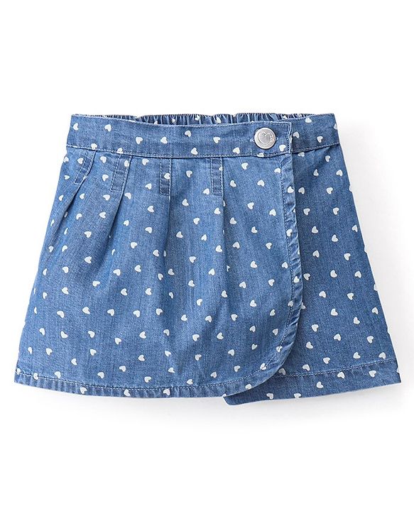 Babyhug 100% Cotton Mid Thigh Frill Skorts Heart Print Colour - Blue