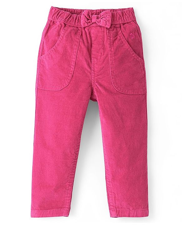Babyhug Cotton Woven Full Length Solid Colour Stretchable Corduroy Pants - Dark Pink