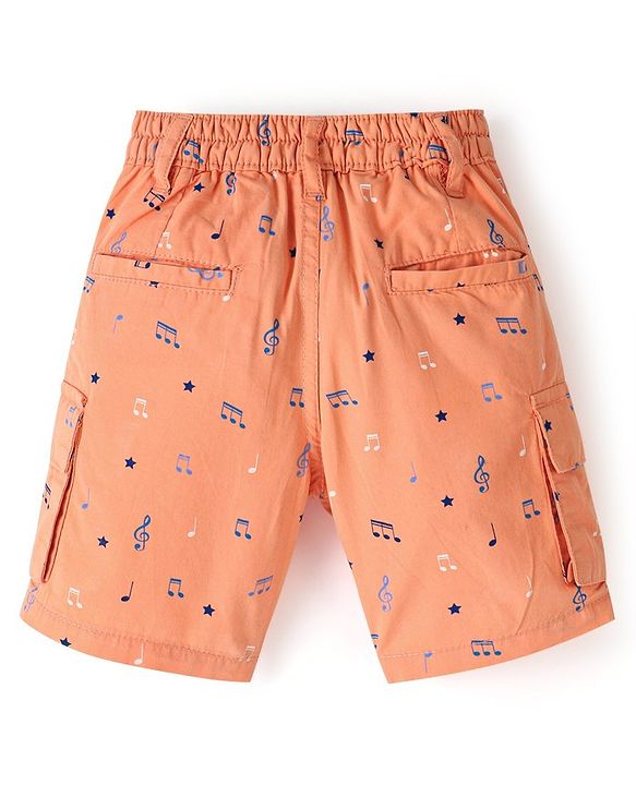 Babyhug 100% Cotton Woven Above Knee Length Bermuda Music Note Print - Light Orange