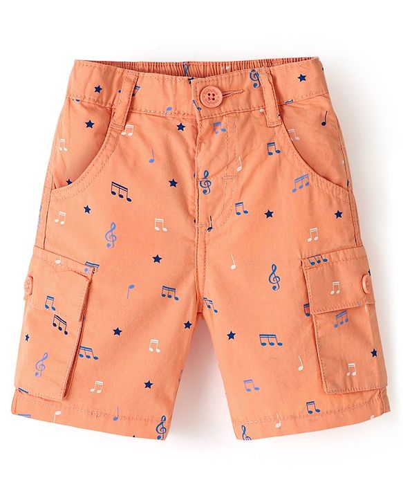 Babyhug 100% Cotton Woven Above Knee Length Bermuda Music Note Print - Light Orange