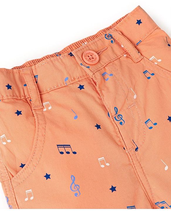 Babyhug 100% Cotton Woven Above Knee Length Bermuda Music Note Print - Light Orange