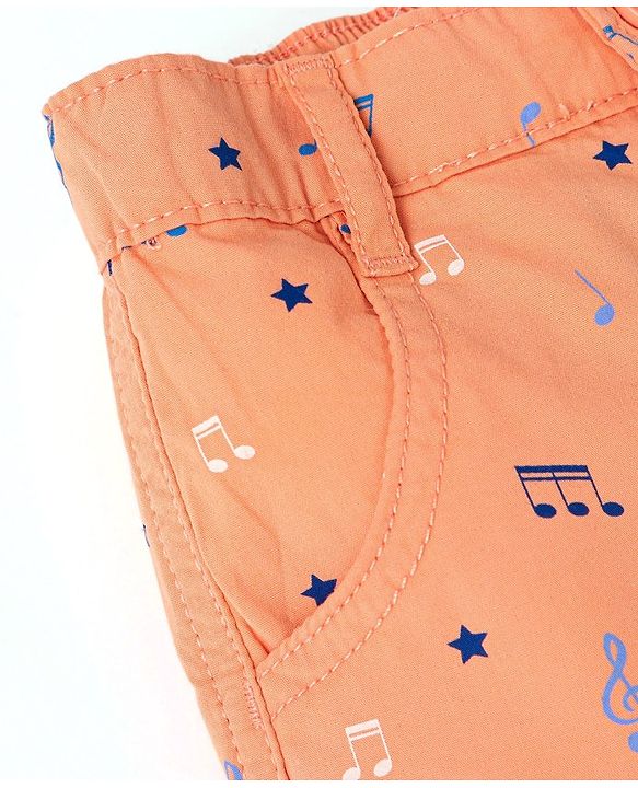 Babyhug 100% Cotton Woven Above Knee Length Bermuda Music Note Print - Light Orange