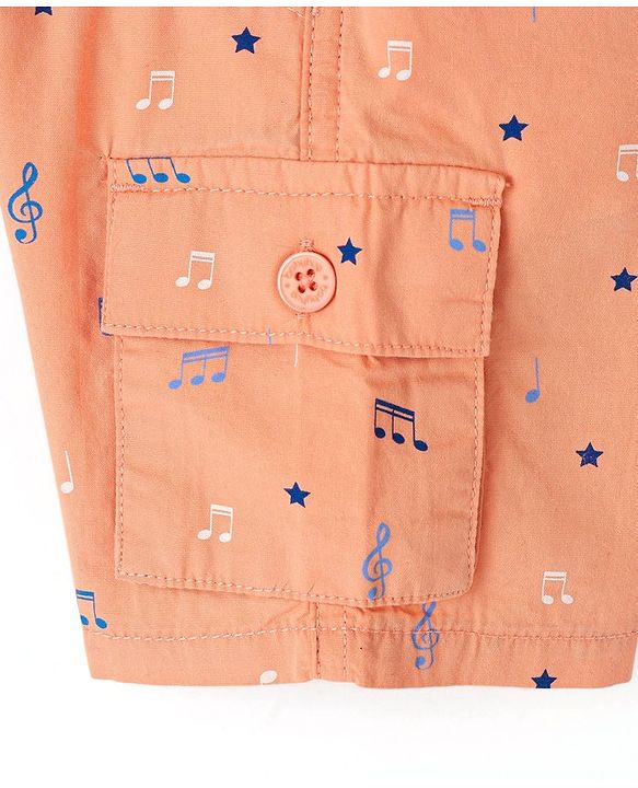 Babyhug 100% Cotton Woven Above Knee Length Bermuda Music Note Print - Light Orange