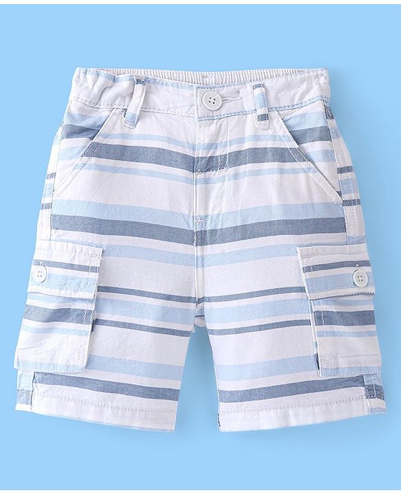 Babyhug 100% Cotton Woven Above Knee Length Bermuda Striped - White