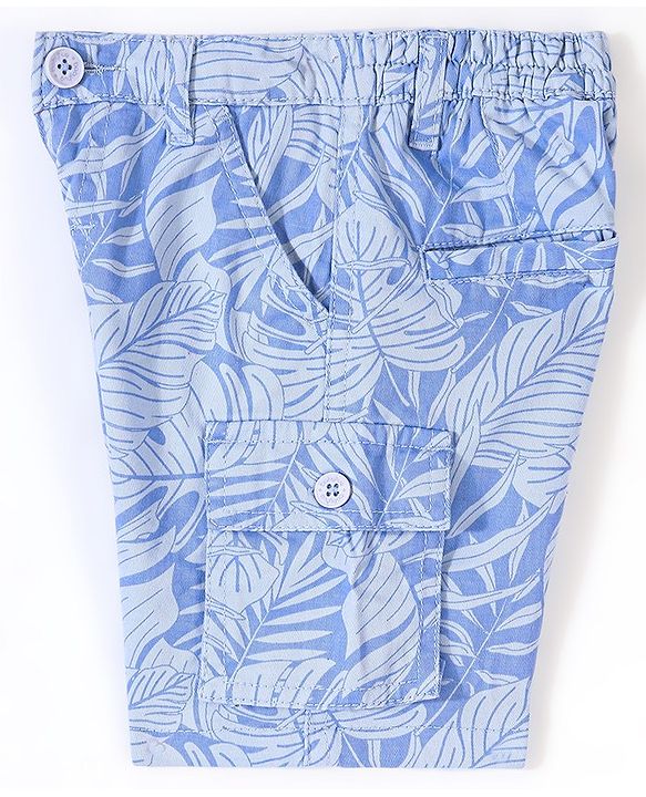 Babyhug Cotton Lycra Above Knee Length Bermuda Leafy Print - Blue