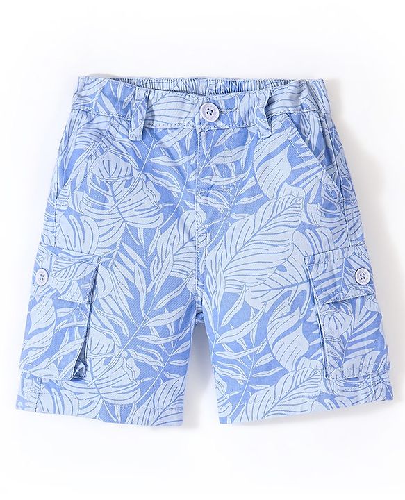 Babyhug Cotton Lycra Above Knee Length Bermuda Leafy Print - Blue