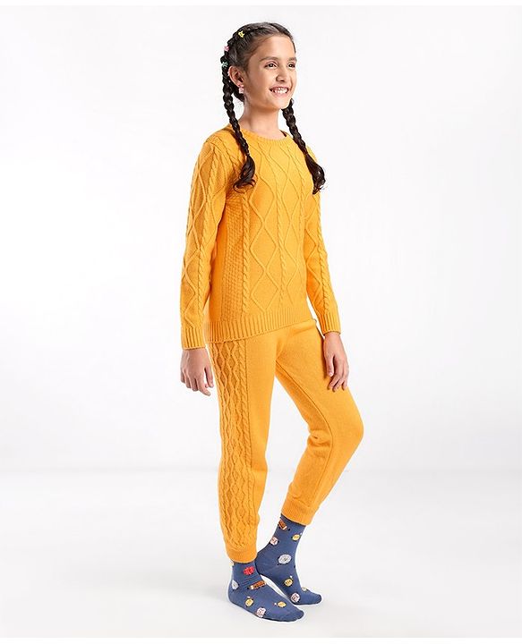 Pine Kids Full Sleeves Sweater Set With Cable Knit - Mustard Yellow