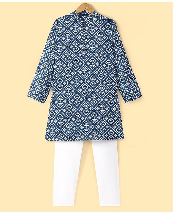 Pine Kids 100% Cotton Woven Full Sleeves Kurta & Pyjama Set Floral Print - Navy Blue