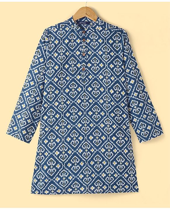 Pine Kids 100% Cotton Woven Full Sleeves Kurta & Pyjama Set Floral Print - Navy Blue