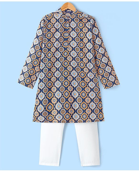 Pine Kids 100% Cotton Woven Full Sleeves Kurta & Pyjama Set Floral Print - Blue