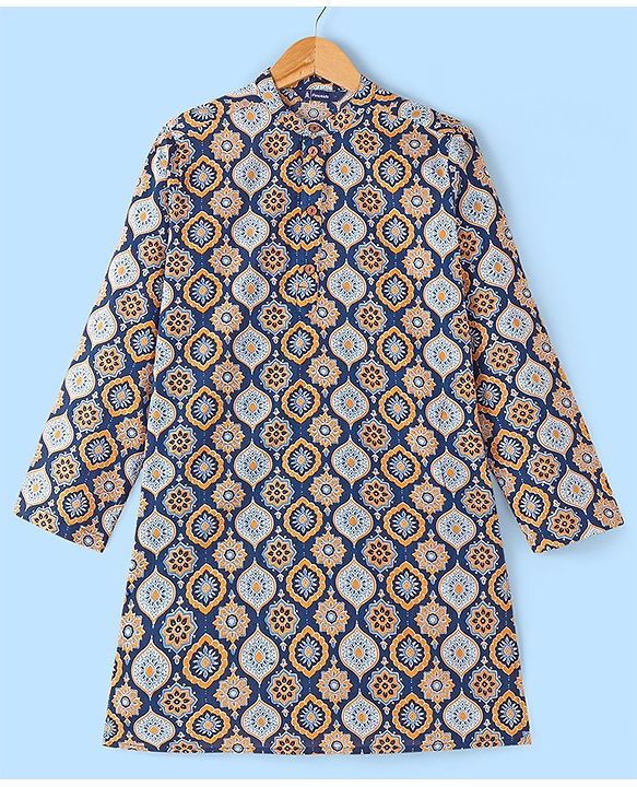 Pine Kids 100% Cotton Woven Full Sleeves Kurta & Pyjama Set Floral Print - Blue