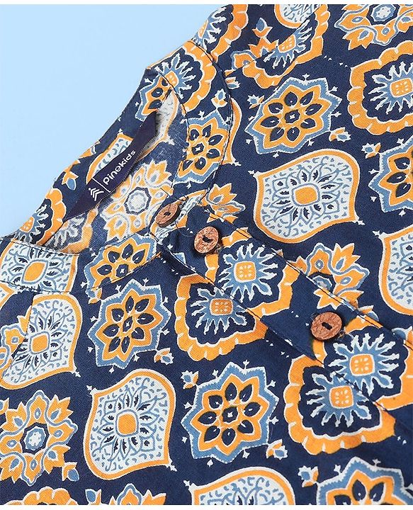 Pine Kids 100% Cotton Woven Full Sleeves Kurta & Pyjama Set Floral Print - Blue