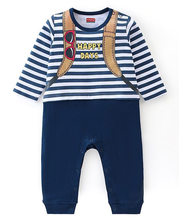 Babyhug 100% Cotton Interlock Knit Full Sleeves Romper Stripes & Sunglasses Print - Navy Blue