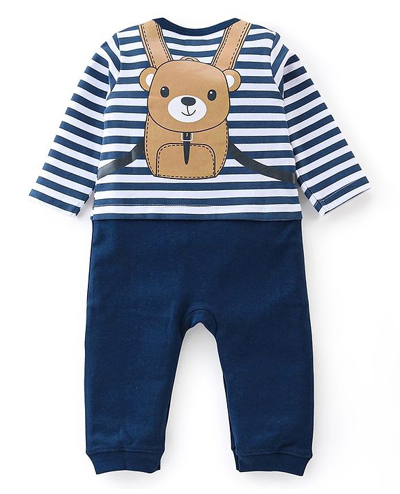 Babyhug 100% Cotton Interlock Knit Full Sleeves Romper Stripes & Sunglasses Print - Navy Blue