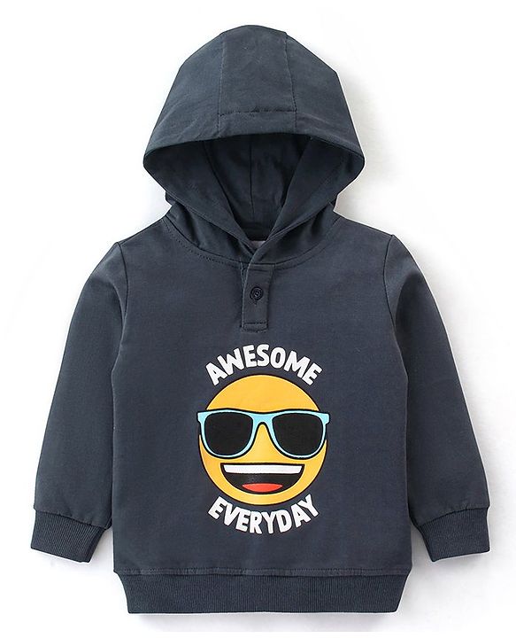 Babyhug Cotton Knit Full Sleeves Sweatshirt with  Hood & Emoji Graphic  - Grey